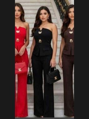 Strapless Peplum Jumpsuit with Wide Leg - Black